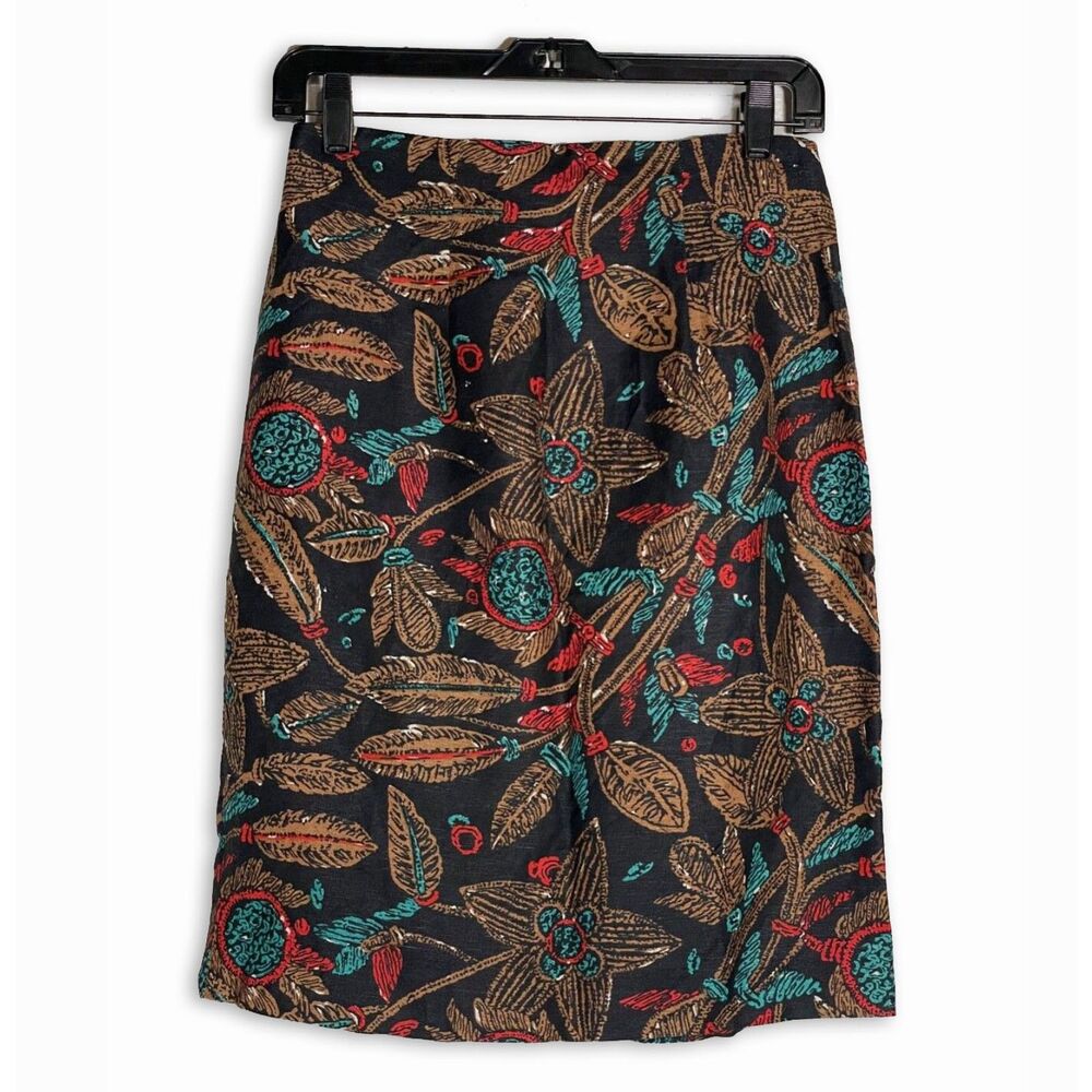 Vintage Anthony Michael Linen Blend Pencil Skirt Floral Leaf Print Black Size 8